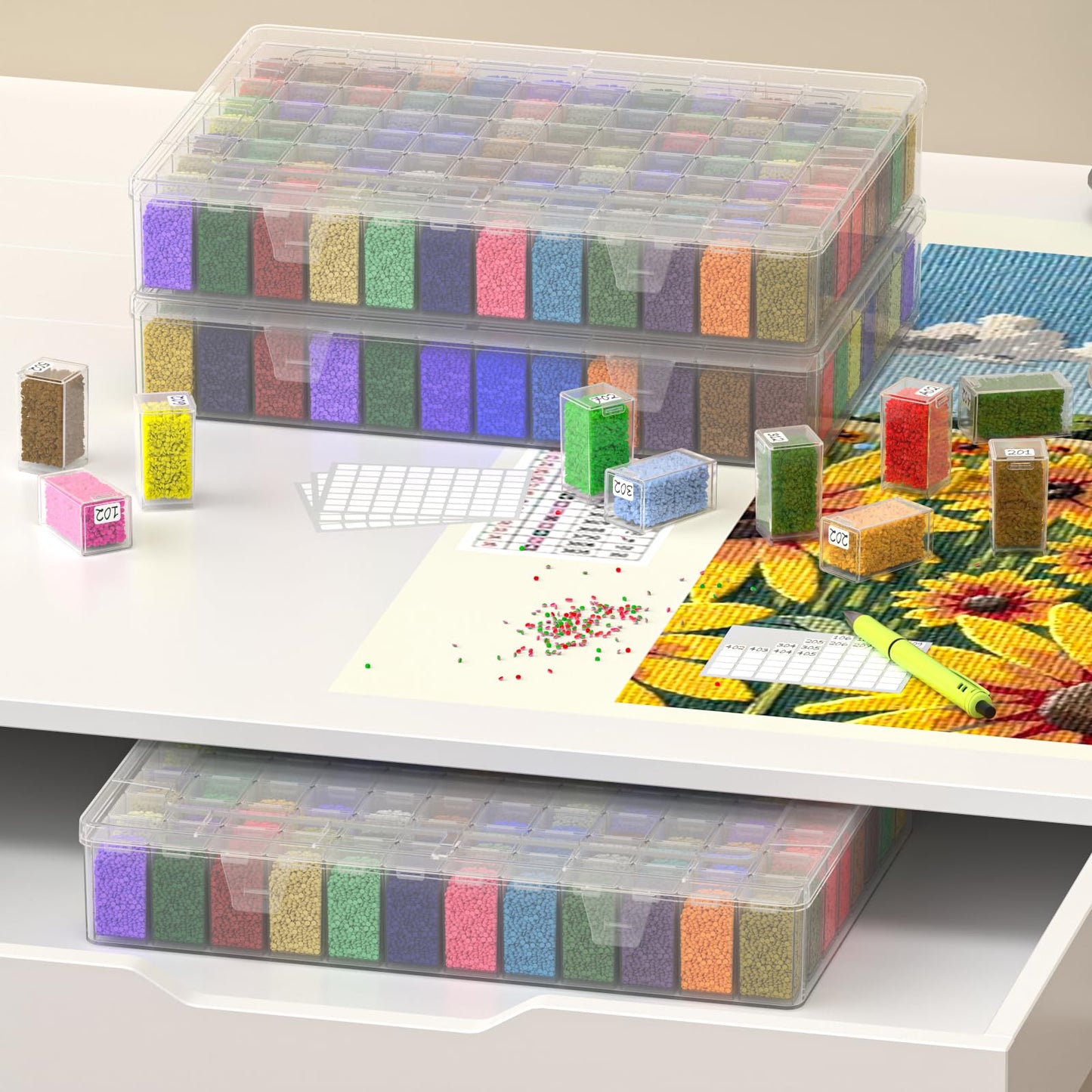 VANSUNS Newly Upgraded Transparent Large Capacity Diamond Painting Storage Containers,96 Grid Craft Organizers and Storage, Suitable for Nail Art, Necklaces, Bead Storage Containers