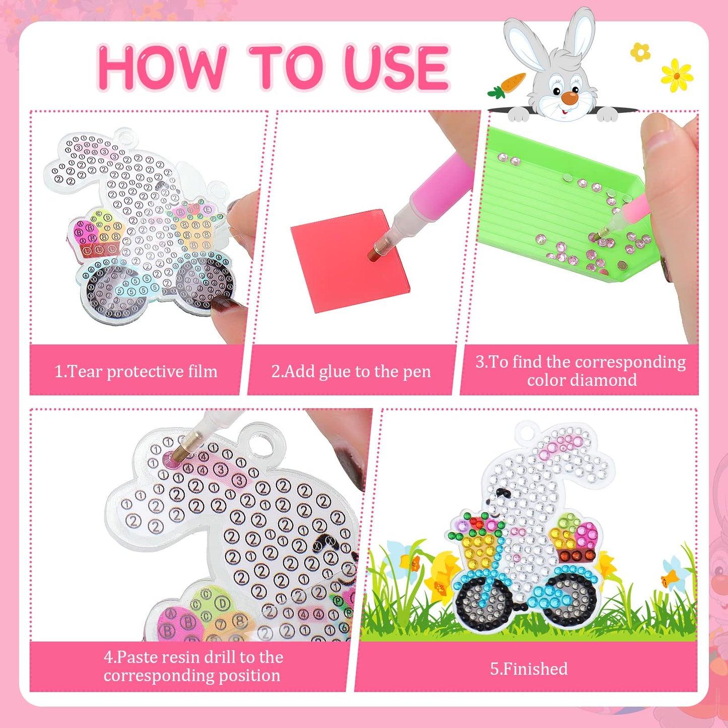 Inbagi 15 Pcs Easter Diamond Painting Keychains 5D Easter Egg Full Drill Making Key Chains Key Ring Diamond Art Keychains Pendant DIY Diamond Decorative Accessories for Easter Holiday(Cute Style)