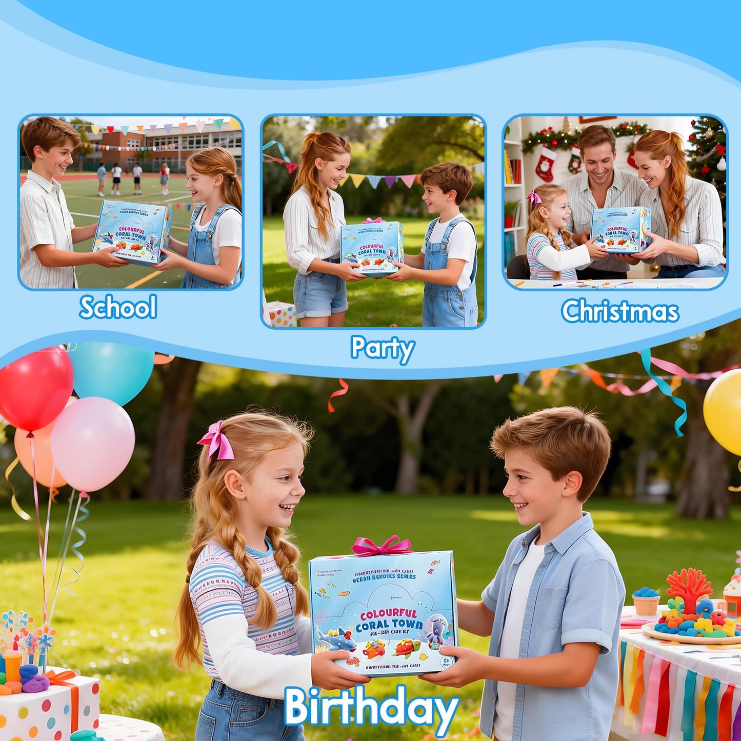 Ocean Buddies Air Dry Clay Kit for Kids - 12 Marine Animal Models with 4 Colors & Sculpting Tools, Ultra Light & Soft Modeling Clay Set, Non-Toxic DIY Arts and Crafts Gift for Boys & Girls Ages 3+