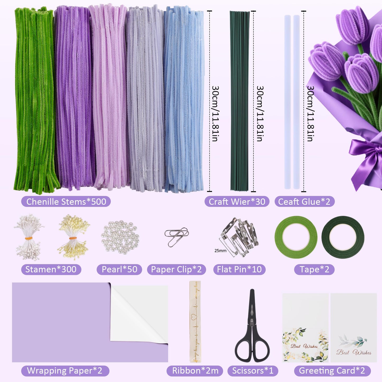 EARLY MINDS 500 Pcs Pipe Cleaners Craft Kit for Flower Making, DIY Bouquet Set with 8mm Chenille Stems, Step-by-Step Tutorial, Floral Wire, Ribbon & Tools for Handmade Gifts and Decor, Purple
