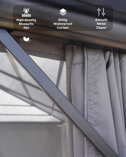 PeakPursuit Heavy Duty Hardtop Gazebo 12'x16' – Double Polycarbonate Roof, Aluminum Frame, Curtains & Netting, Weather-Resistant Permanent Outdoor Pavilion for Patio, Deck, Garden, Khaki