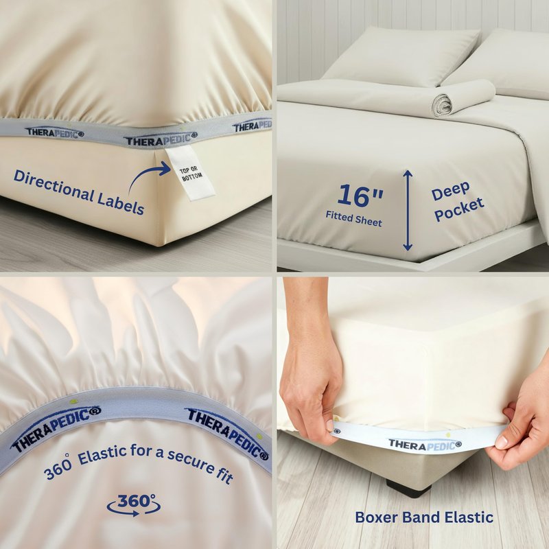 Therapedic 100% Egyptian Cotton Queen 6-Piece Sheet Set – Naturally Cooling & Breathable Sateen, Preshrunk Garment Wash, 16" Deep Pocket Fitted Sheet, Bonus Pillowcases, Soft & Durable - Fog