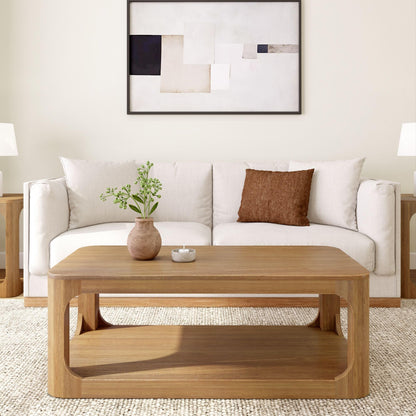 Plank+Beam Forma Coffee Table, Solid Wood 48 Inch Modern Coffee Table with Shelf, Contemporary Center Table with Storage Space, Rectangle Tea Table with Storage, Pecan