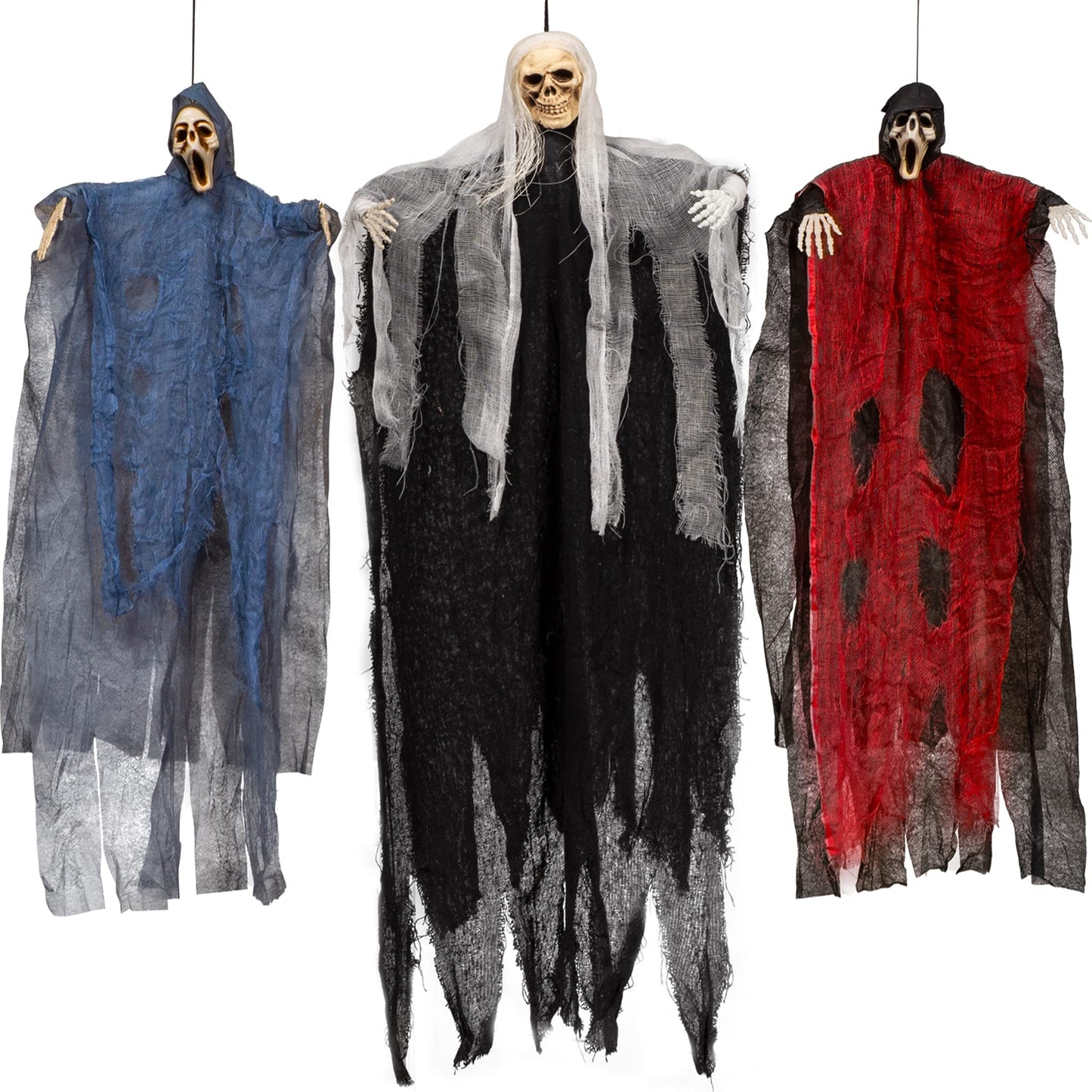 JOYIN 3 Pack Hanging Skeleton Ghost Halloween Decorations,Grim Reapers for Halloween Outdoor Decorations(One 35" Hanging Ghost Skeleton and Two 25" Hanging Reapers)