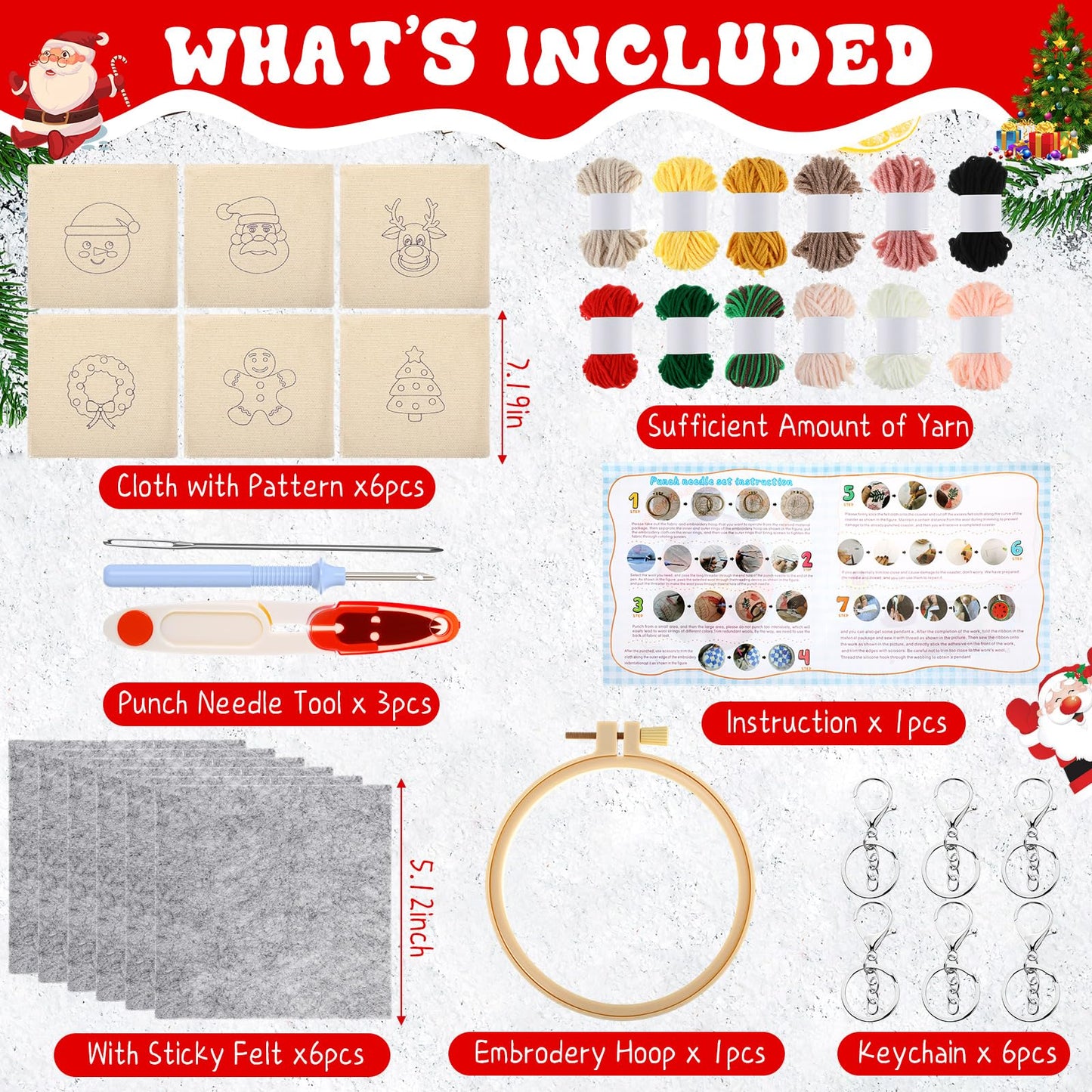 WinnerWhy 6 Pcs Christmas Punch Needle Kit Adults Beginner Keychain Accessories Christmas Punch Needle Embroidery Kit Includes Patterns, Tools, Yarns, Hoop, Instruction, Easy Art Work Decor for Adult
