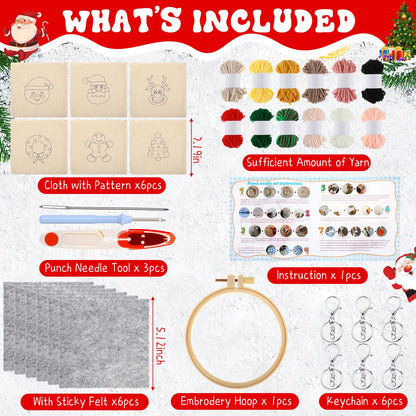 WinnerWhy 6 Pcs Christmas Punch Needle Kit Adults Beginner Keychain Accessories Christmas Punch Needle Embroidery Kit Includes Patterns, Tools, Yarns, Hoop, Instruction, Easy Art Work Decor for Adult