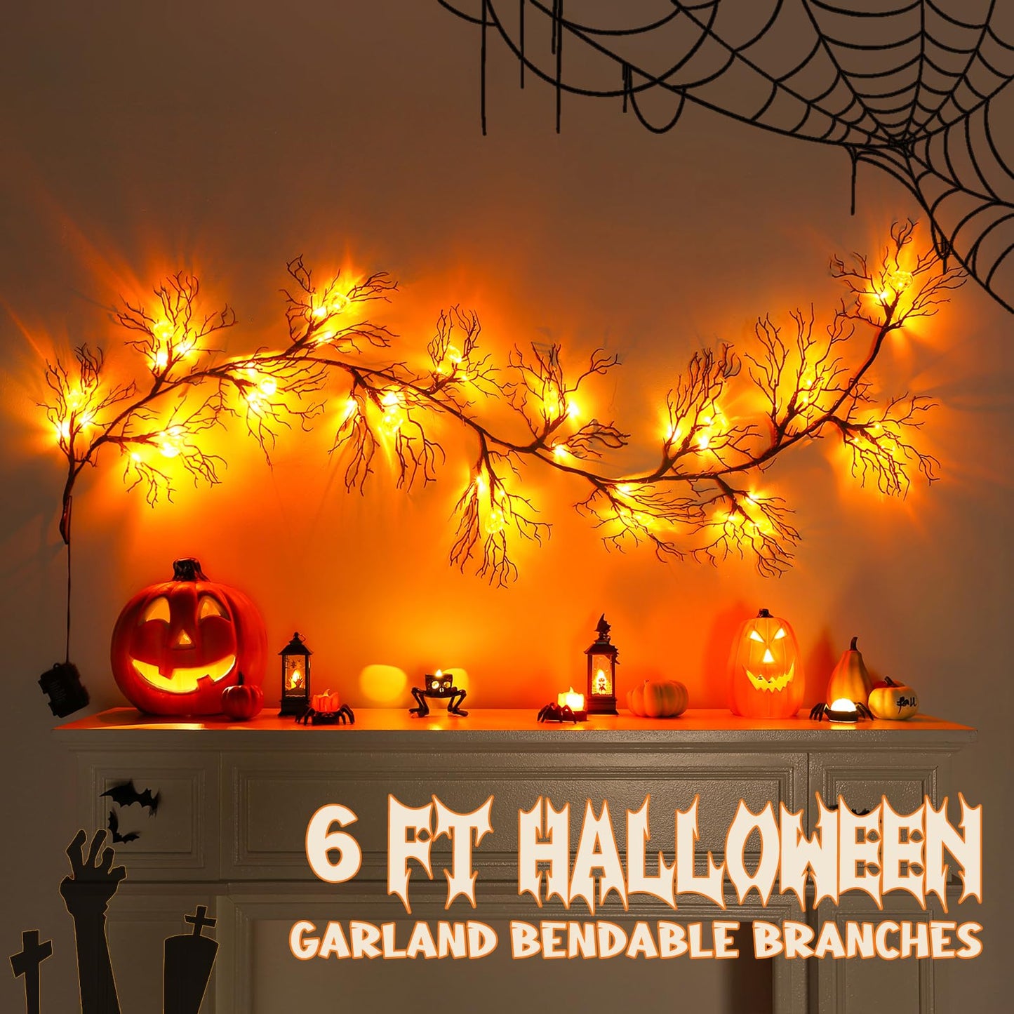 Joyhalo Halloween Garland with Lights Decorations with Pumpkin Lights,Battery Operated 6FT 47 LED Halloween Willow Vine Twig Garland for Mantle,Wall,Fireplace and Halloween Decorations