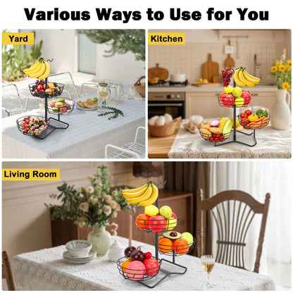 Winmien 3 Tier Fruit Basket Bowl with 2 Banana Hooks, Solid Metal Standing Vegetable Storage for Kitchen Counter, Large Capacity Organizer for Bread Snack Produce (Black)