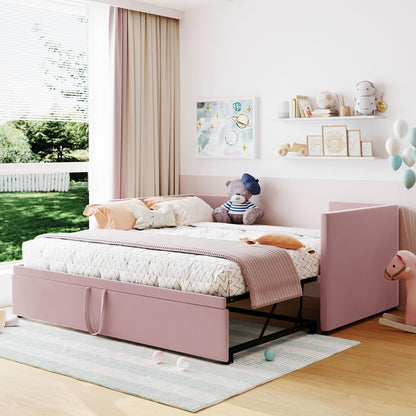 Brisca Twin Velvet Upholstered Daybed with Pop Up Trundle,Extendable Wooden Bed Frame,W/Backrest and Armrests, King-Size,for Living Room Apartment,Pink