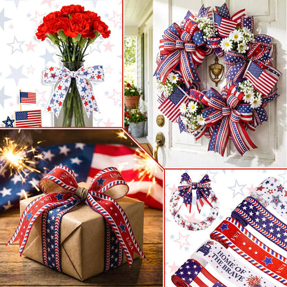 Whaline 5 Rolls Patriotic Ribbon 4th of July Stars and Stripes Burlap Wired Edge Ribbon 25 Yards American Flag Craft Ribbons for Independence Day 250th Anniversary DIY Wreath Bow Gift Wrapping