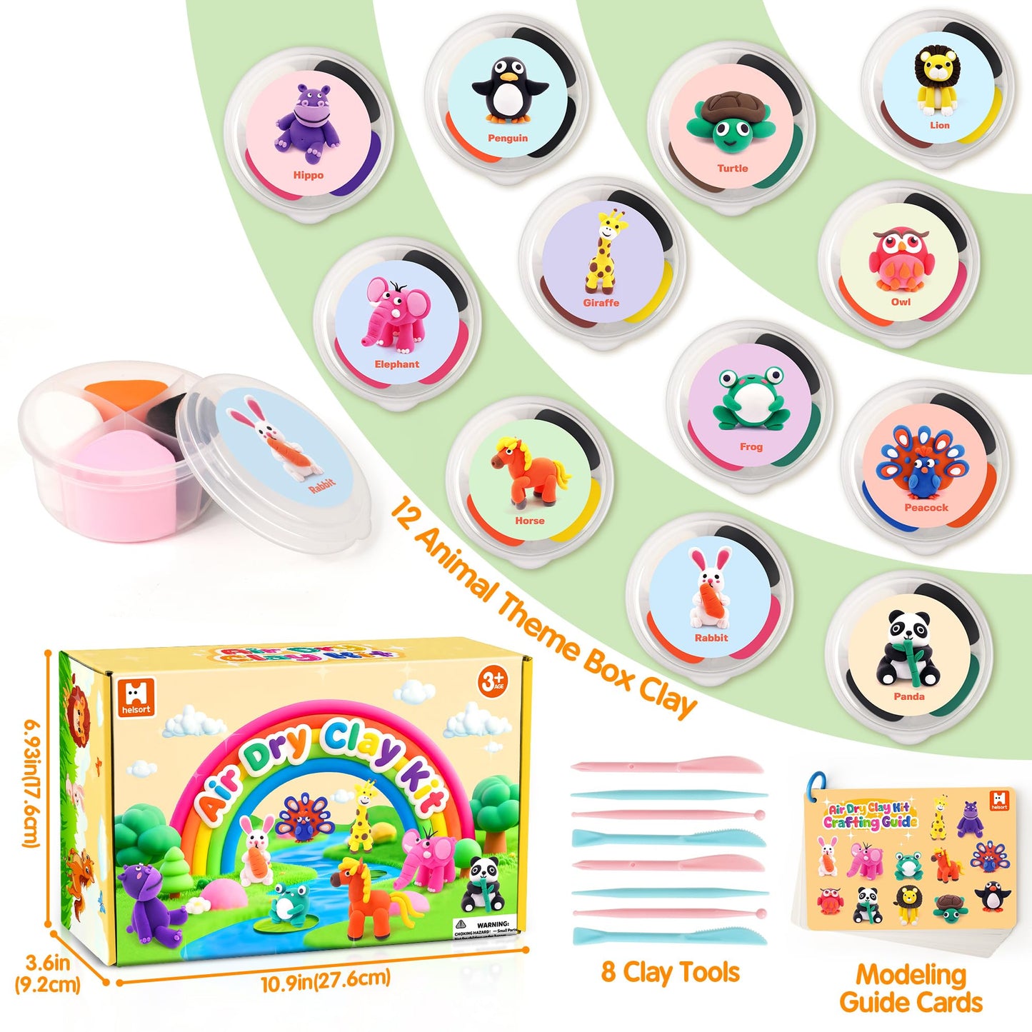 Air Dry Clay Kit for Kids, 12 Animals Modeling Clay for Kids, Molding Clay with Tutorial Cards & Video, 8 Sculpting Tools, Ultra Light, Safe & Non-Toxic, DIY Arts and Crafts Toys Gifts for Boys Girls