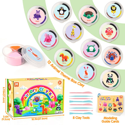 Air Dry Clay Kit for Kids, 12 Animals Modeling Clay for Kids, Molding Clay with Tutorial Cards & Video, 8 Sculpting Tools, Ultra Light, Safe & Non-Toxic, DIY Arts and Crafts Toys Gifts for Boys Girls