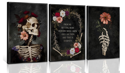 YCXDMJ 3Pcs Gothic Floral Skull Canvas Wall Art Unframed