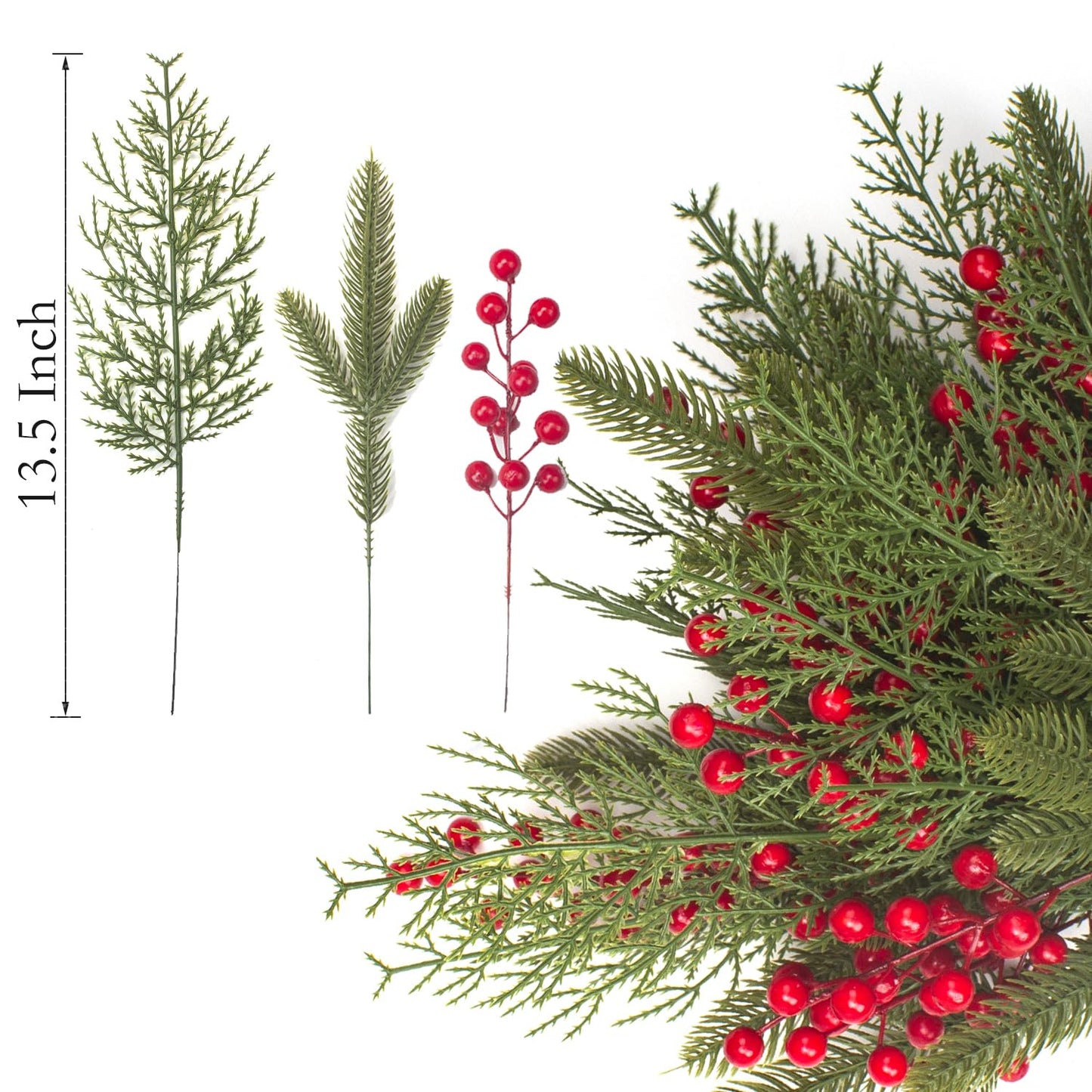 Grunyia 90 PCS Artificial Pine Branches Cedar Stems with Red Holly Berries - Perfect Faux Pine Greenery Stems for Christmas Tree, Wreath & Garland DIY Crafts Holiday Home Decoration