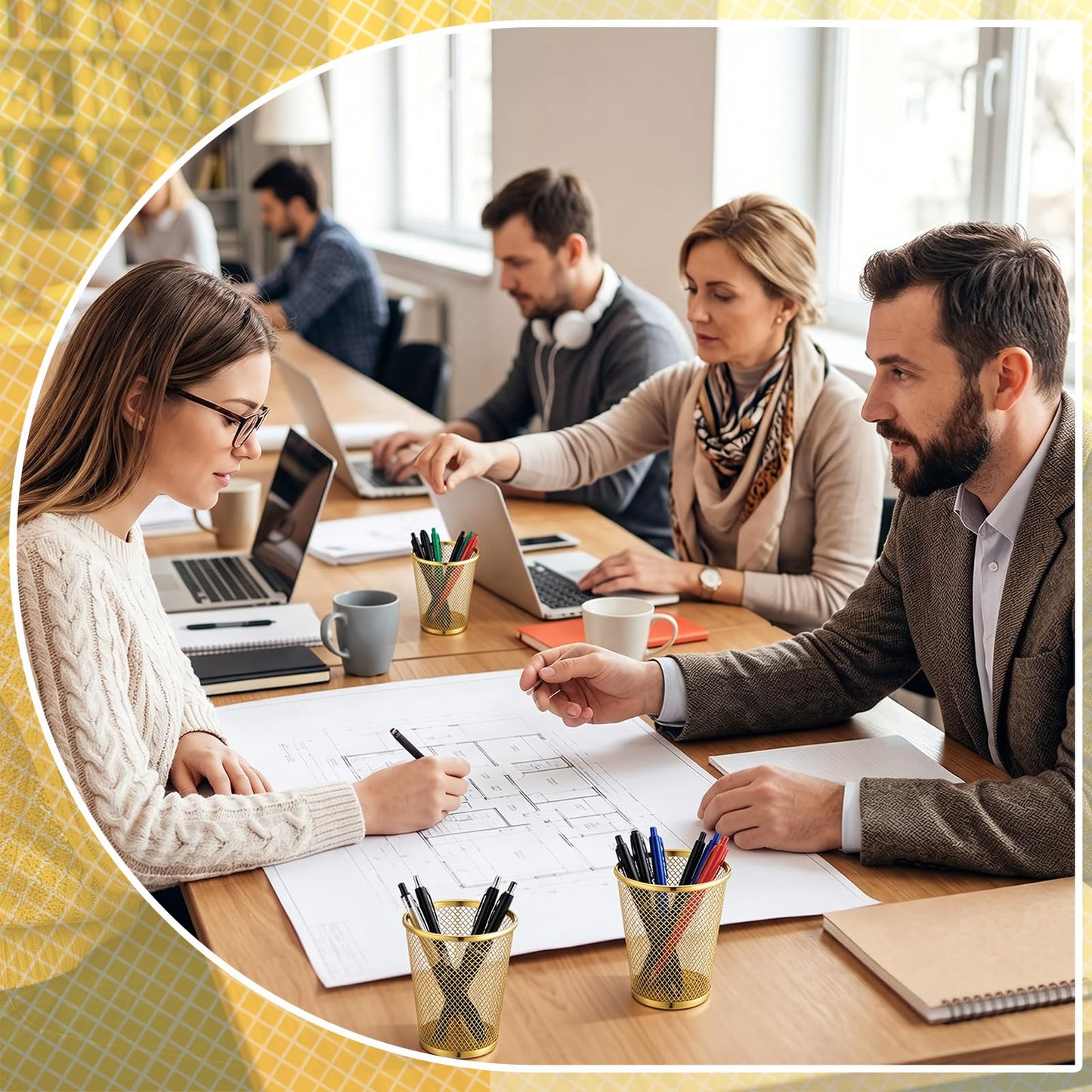 Poola Voidra 6 Pcs Gold Mesh Pen Holders Bulk Metal Pencil Makeup Brushes Cups Back to School Supplies Round Golden Organizer Golden for Desk Home Office Classroom Students Teachers Staff