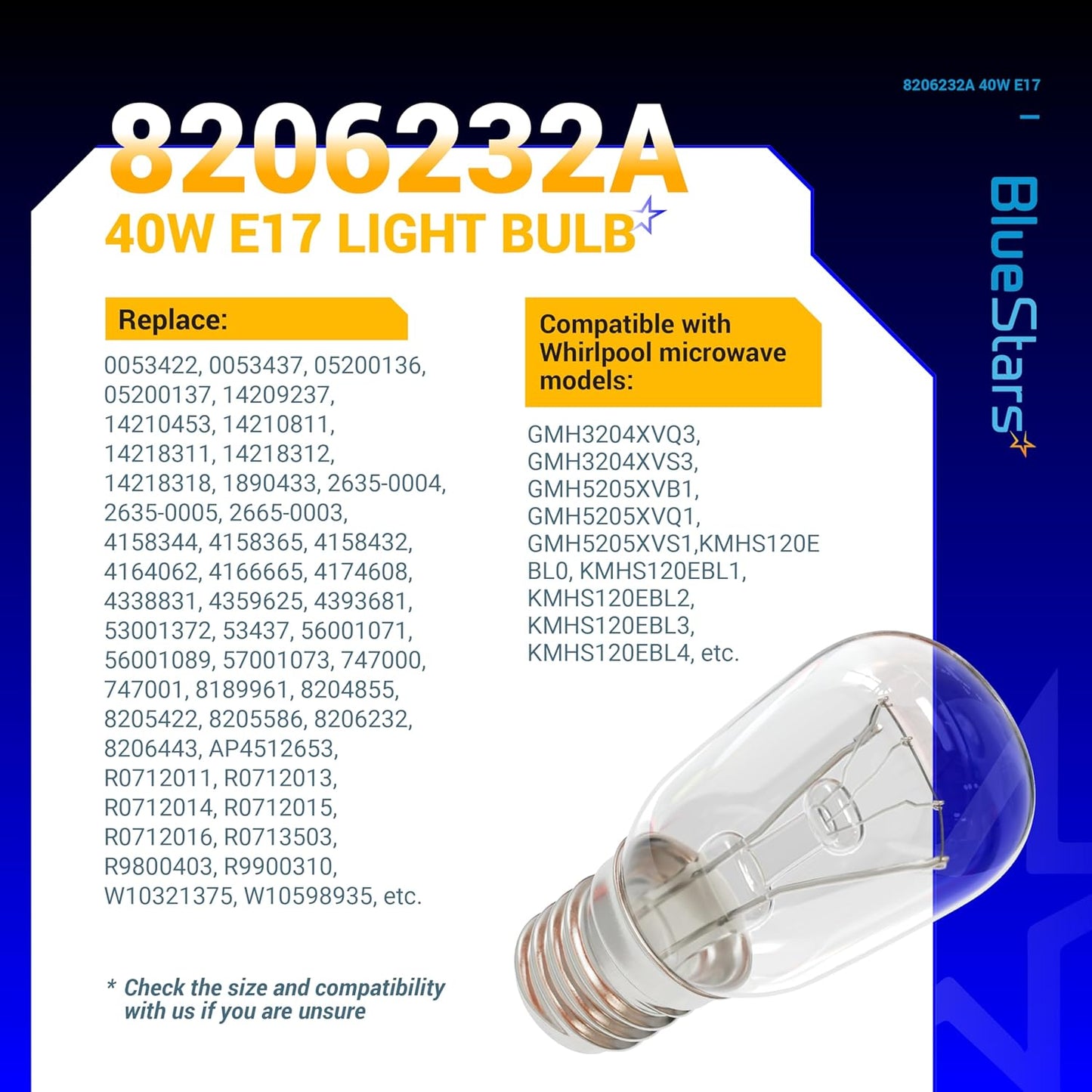 BlueStars 8206232A Microwave Oven Light Bulb, 40W 125V E17 Base, 3 Packs, Compatible with Whirlpool
