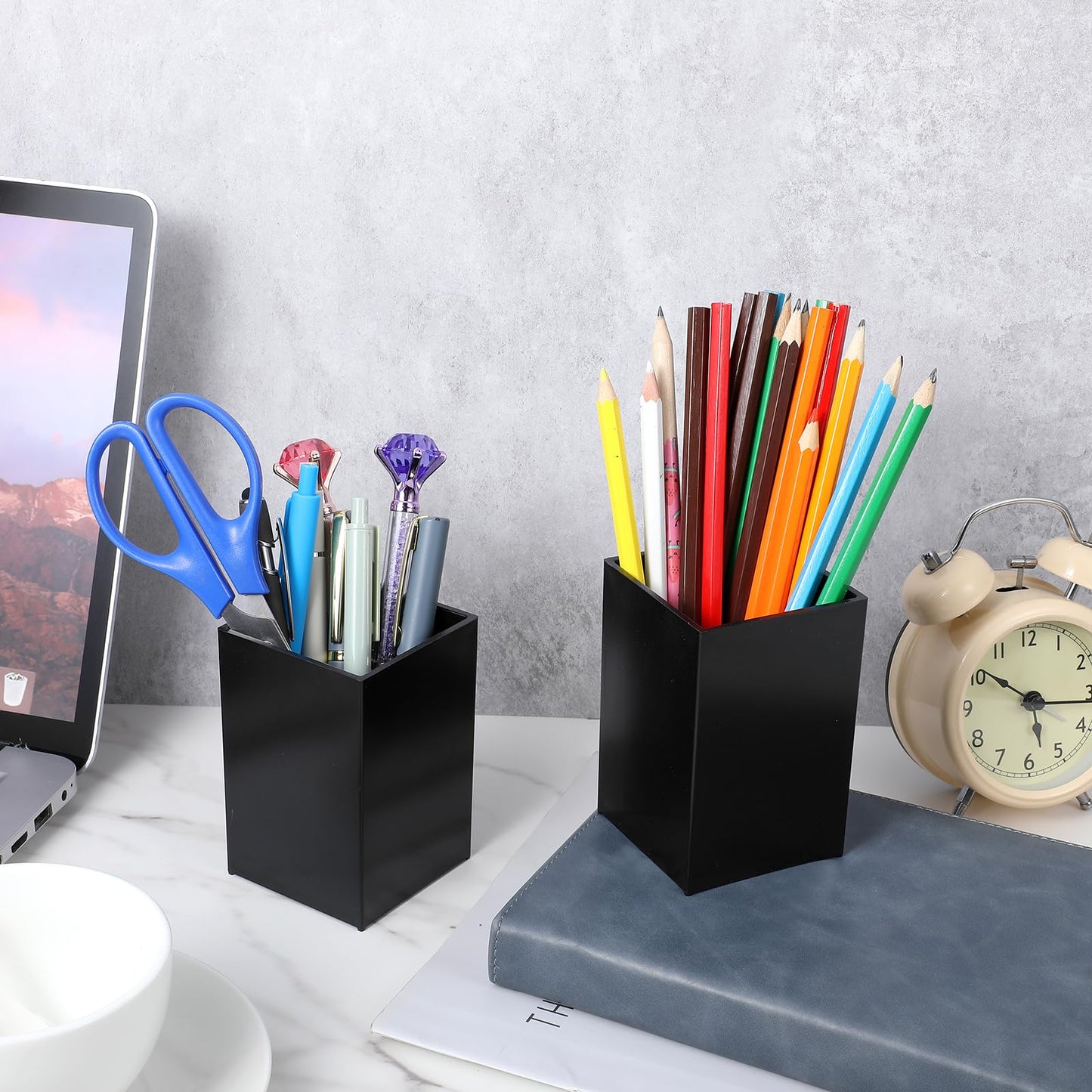 Limbeuuu 10 Pack Black Acrylic Pen Holder, Desktop Pencil Organizer Makeup Brush Holder Acrylic Pencil Cup Stationery Storage for Desk Office Pen Organizer