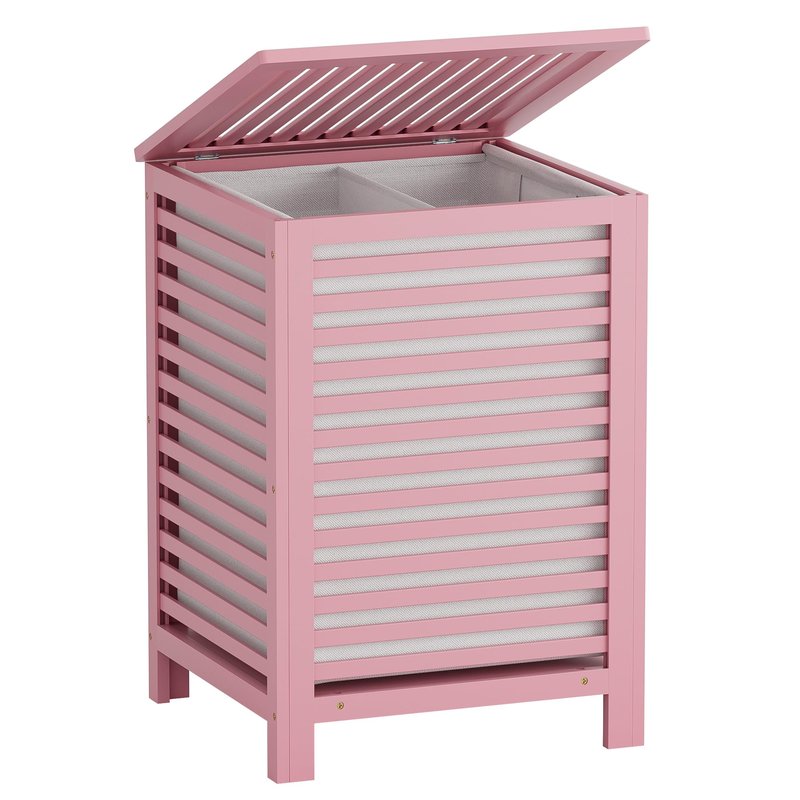 SMIBUY Double Laundry Hamper with Lid, 120L Bamboo Laundry Basket with Removable Liner Bag, 2-Section Clothes Divider Laundry Sorter for Laundry Room, Bathroom, Bedroom (Pink)