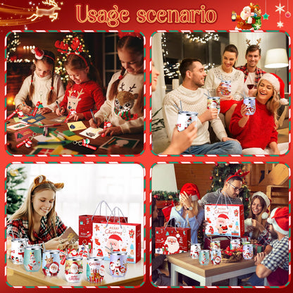 Skylety 24 Pcs Christmas Gifts Bulk for Coworker Employee Women Men 6 Sets with 12oz Christmas Wine Tumblers Keychains Greeting Cards and Gift Bags for Xmas New Year Party Favors(Classic)