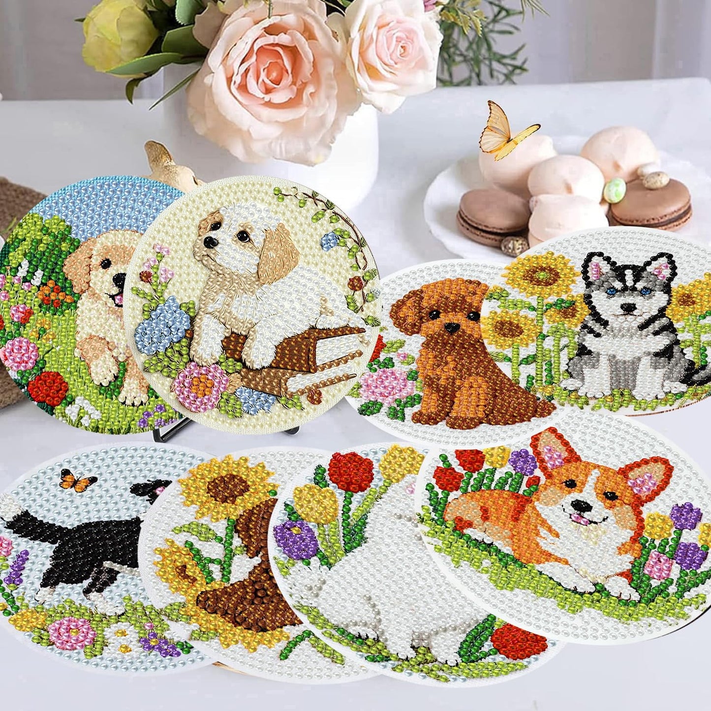 mrpwnle 8 Pcs Dog Diamond Art Coasters Kit for Adults, Cute Dog Diamond Painting Coasters with Holder Cork Pads, DIY Diamond Art Non Slip Coaster Crafts Kits for Adults Beginners Gifts
