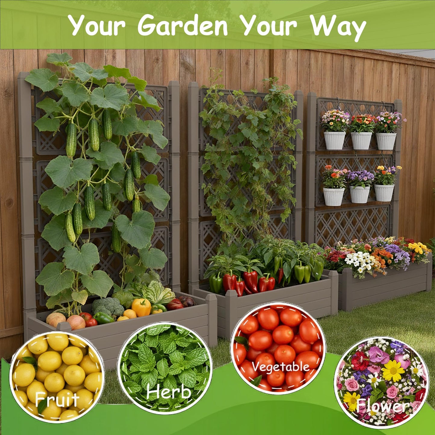 Tramull 5.' Tall Raised Garden Bed with Trellis, Self Watering Planter Box for Outdoor Climbing Plants Resin Garden Lattice for Vegetables, Flowers, Tomato & Vine with Drainage Holes (Coffee, 2 Pack)
