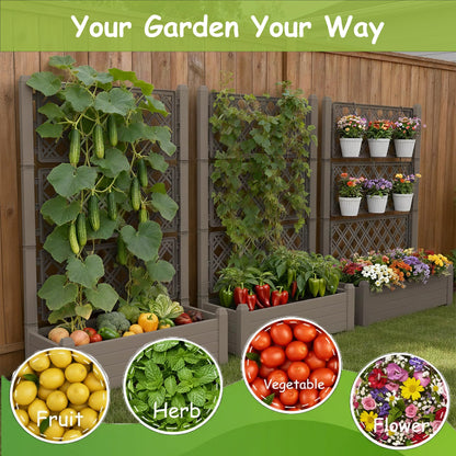 Tramull 5.' Tall Raised Garden Bed with Trellis, Self Watering Planter Box for Outdoor Climbing Plants Resin Garden Lattice for Vegetables, Flowers, Tomato & Vine with Drainage Holes (Coffee, 2 Pack)
