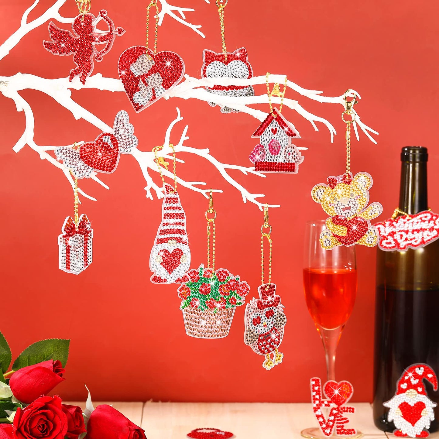 Inbagi 15 Pcs Valentine's Day Diamond Painting Keychains Kits with Tools Love Heart Painting Keyrings 5D Gnome Diamond Art Keychain Ornaments for Valentine's Day DIY Crafts Wedding Decor