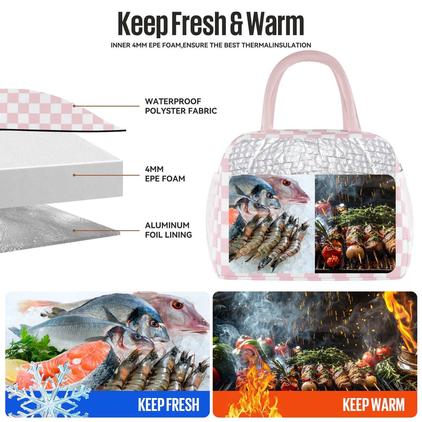 douyadady Lunch Bag Women/Men Lunch Box Women/Men (Pink+White Checkerboard)
