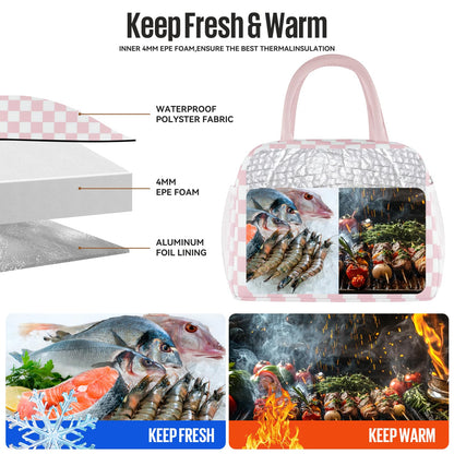 douyadady Lunch Bag Women/Men Lunch Box Women/Men (Pink+White Checkerboard)