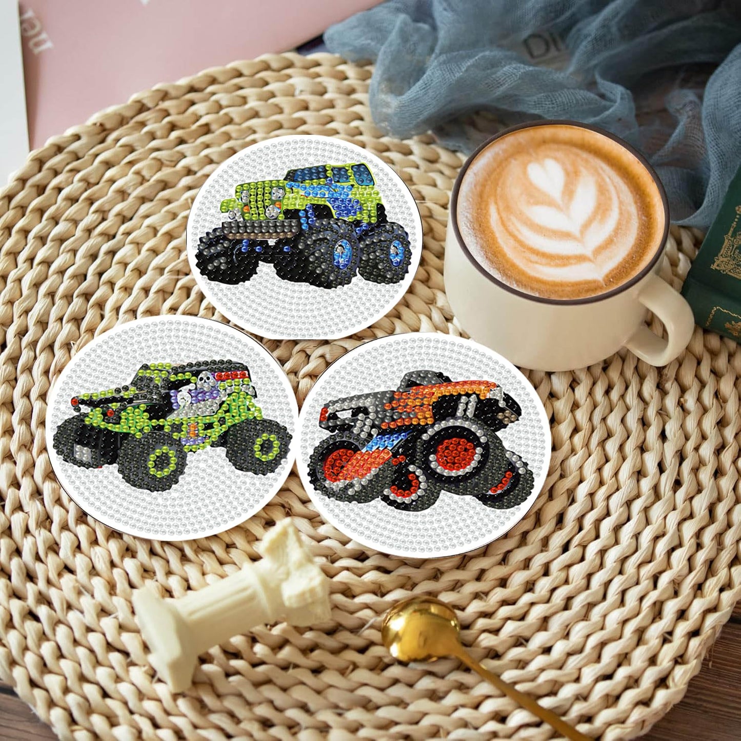 Trucks Diamond Art Painting Coaster Kit, 12 Pcs DIY Crafts Kit with Holder, Non Slip Coaster Art Supplies Full Drill Crafts for Gem Art Dot Art for Adults, Home Wall Decor for Teens Boys Girls