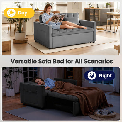Trygoal 3 in 1 Convertible Sofa Bed, Love Seat Sleeper Bed with Side Pockets, Velvet Fabric Pull Out Couch with Adjustable Backrest for Living Room, Bedroom, Gray Apartment, Gray