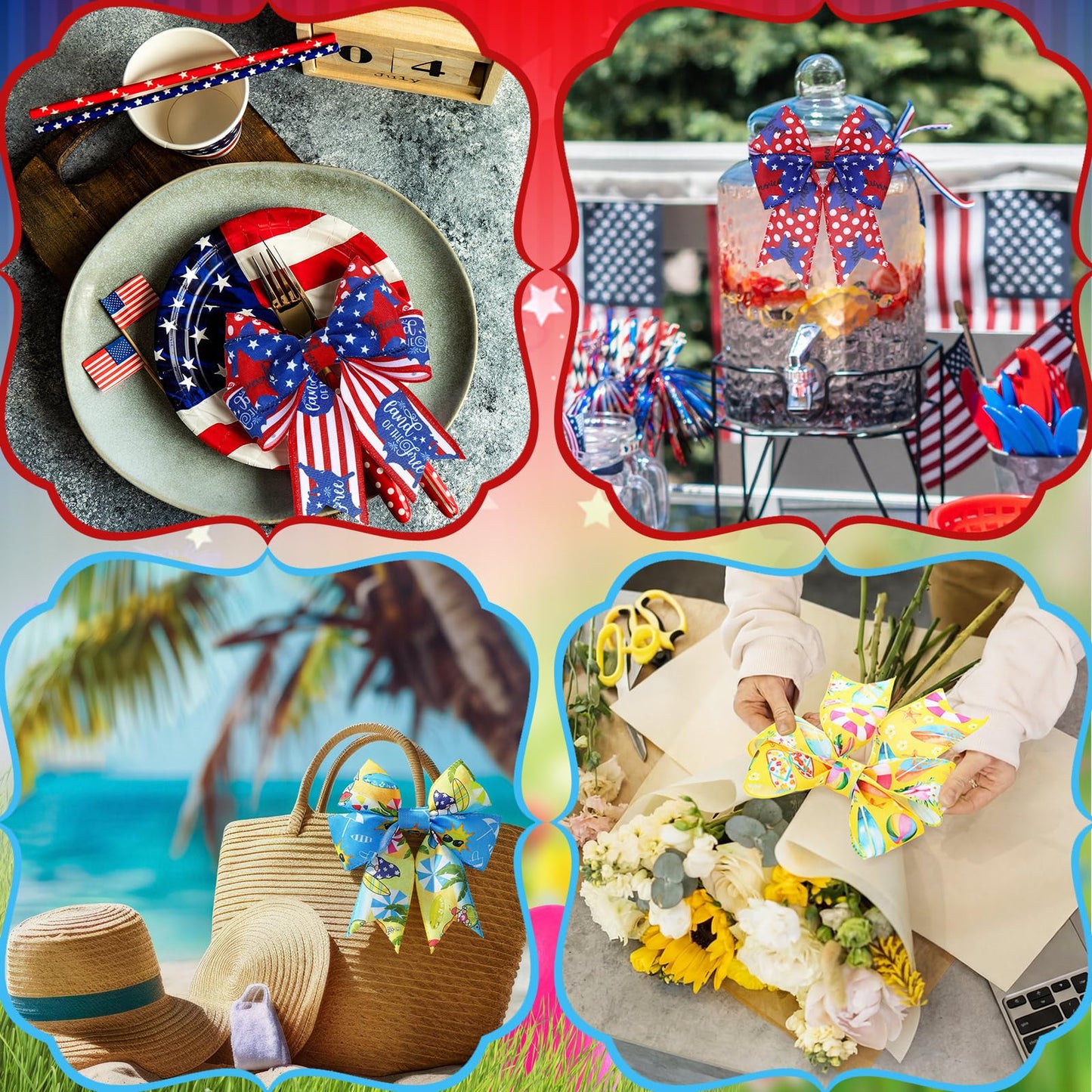 Vincreem 12 Rolls Memorial Day Summer Wired Edge Ribbon for Wreaths 2 Inch x 60 Yards Red White and Blue Star Print Grosgrain Ribbon Summer Crafts for Memorial Day Party Supplies 12 Styles
