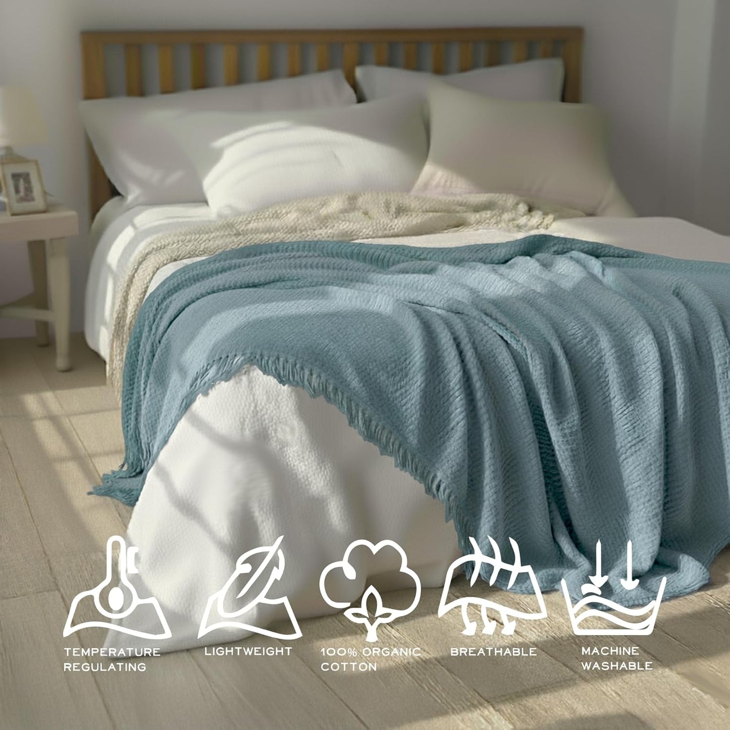 KyraHome 100% 90"x90" Organic Cotton Muslin Blankets, Queen, Pre-Washed, Breathable Lightweight Gauze Cotton Blanket