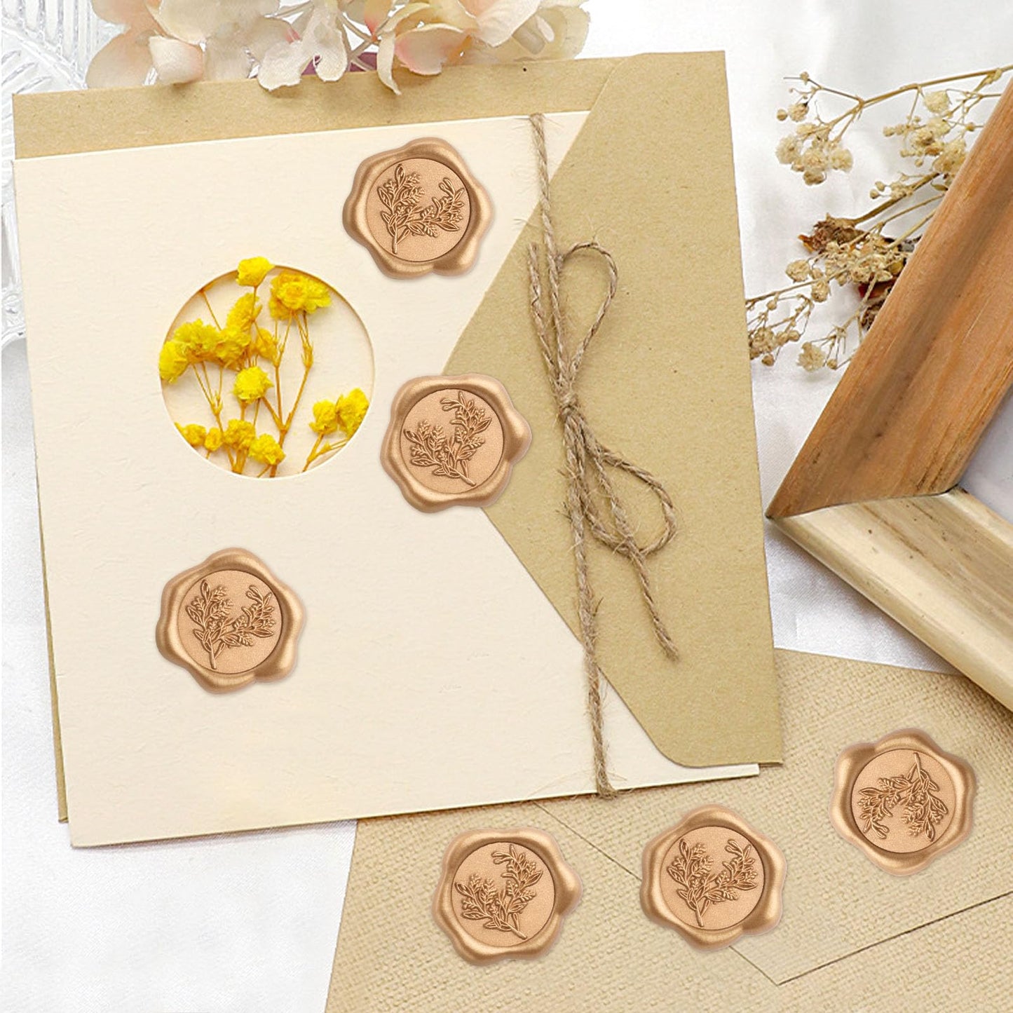 Yitexin 60 Pieces Eucalyptus Wax Seals Stickers, Rosemary Branches Self Adhesive Envelope Seal Stickers for Wedding Invitation Christmas Cards Birthday Party Gift Wrapping (Vintage Gold)