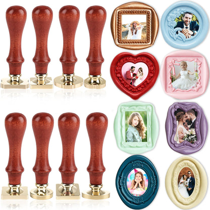 8 Set Frame Wax Seal Stamp Kit 8 Pcs Brass Wax Seal Head 8 Pcs Wood Handle Vintage Photo Frame Stamp for Wedding Invitations Scrapbooking Letters