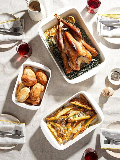 LE TAUCI Deep Casserole Dishes - Large Ceramic Baking Dish Set with Roasting Racks | 3-Piece White Bakeware (4.6QT/3.0QT/1.6QT)