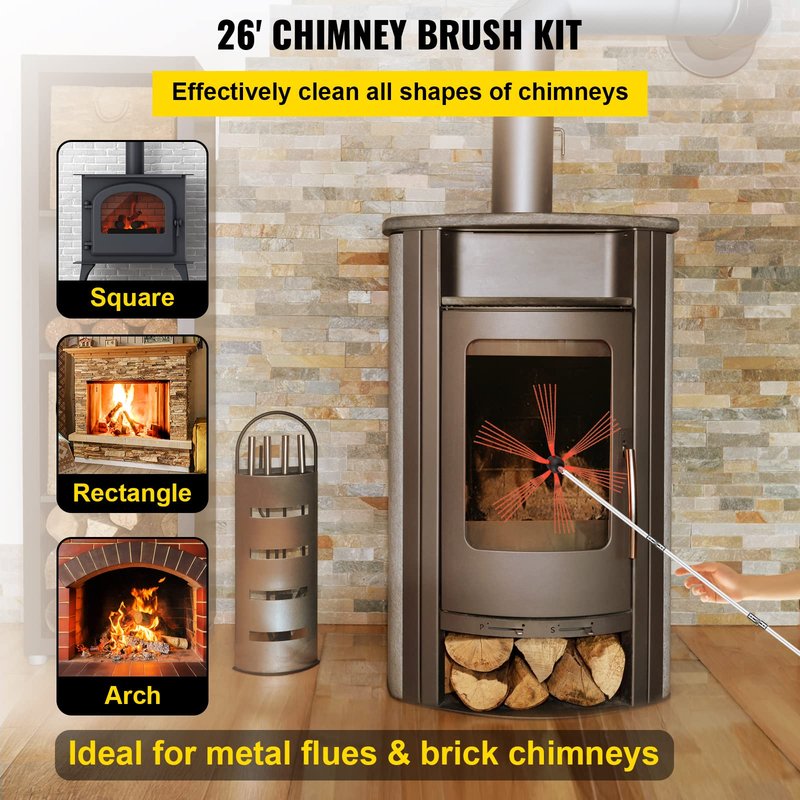 VEVOR Chimney Sweep Kit 26FT - Drill-Powered Brush with 8 Nylon Rods, Flexible Cleaning Tool for Fireplace & Flue