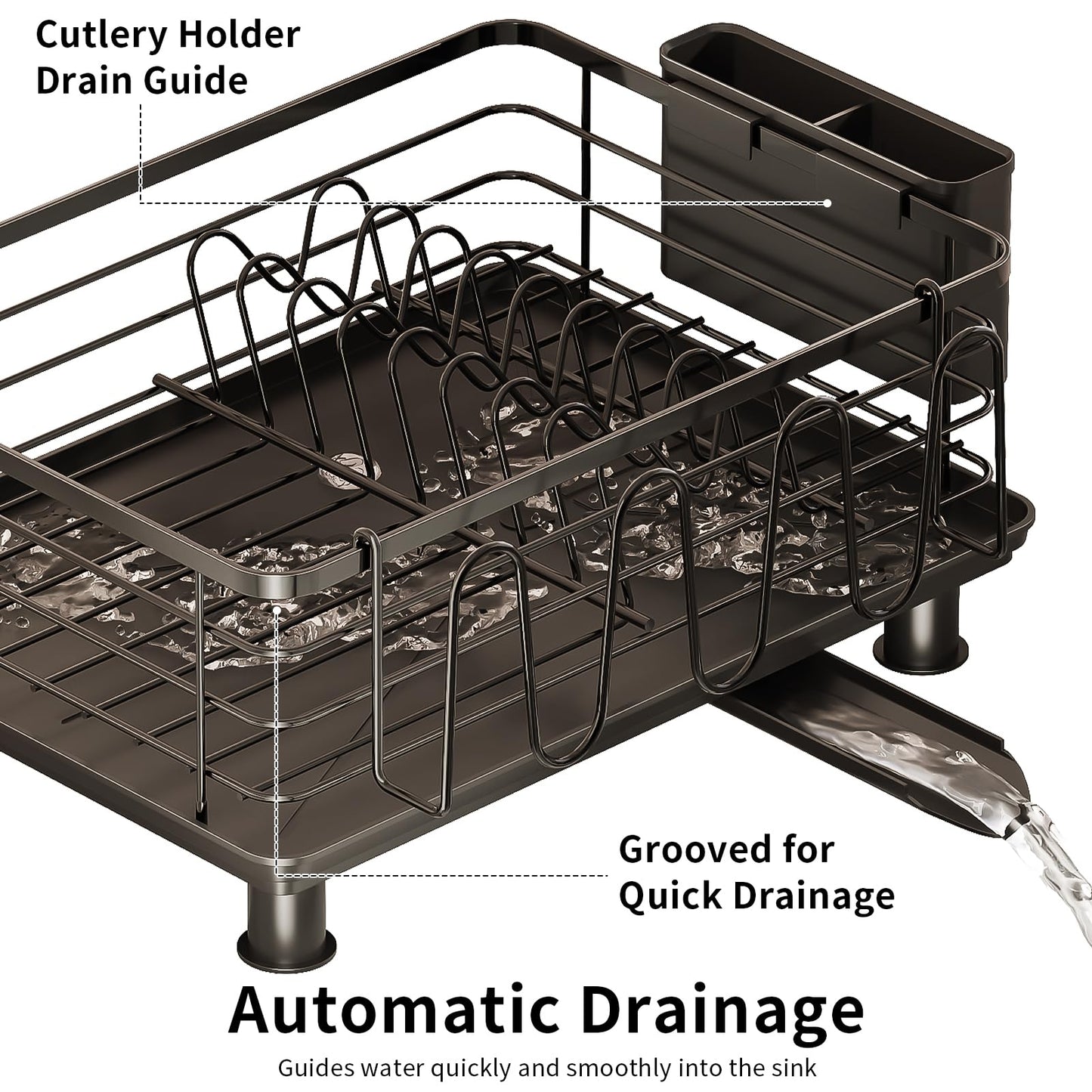 PureBox Dish Drying Rack with 2 Utensil Holders, Rustproof Metal Kitchen Counter Organizer with Cup Holder & Drain Board, Large Capacity Dish Rack for Sink, Black