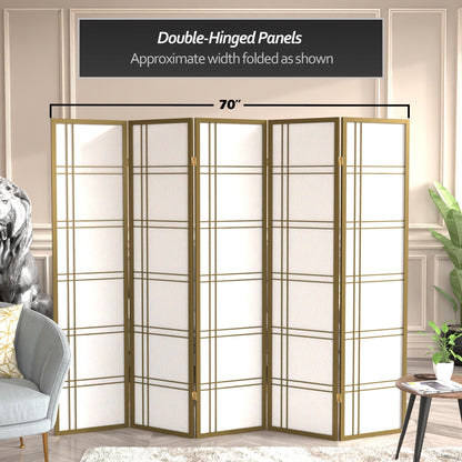 Red Lantern 6 ft. Tall Double Cross Shoji Screen - Gold - 5 Panels