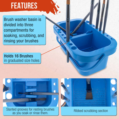 U.S. Art Supply 16-Hole Plastic Paint Brush Cleaner Washer & Paint Brush Holder with Palette Lid for Acrylic, Watercolor & Oil Paints