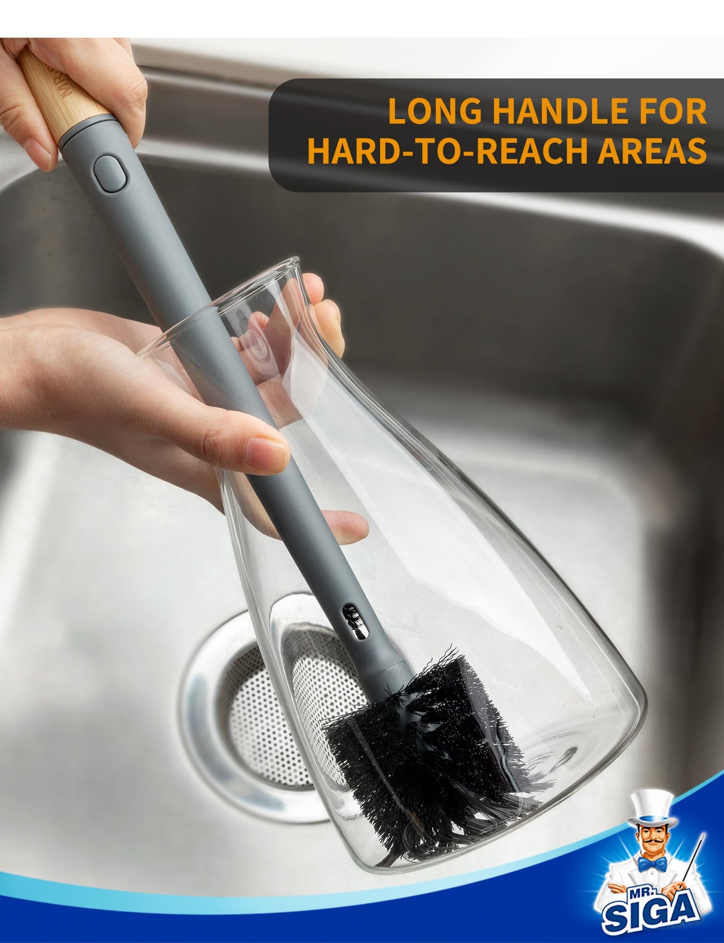 MR.SIGA Water Bottle Brush and Straw Cleaner Brush, Long Handle Bottle Cleaner Brush, 2 in 1 Bottle Cleaning Brush for Sports Bottles, Baby Bottles, Mugs, Straws, Gray