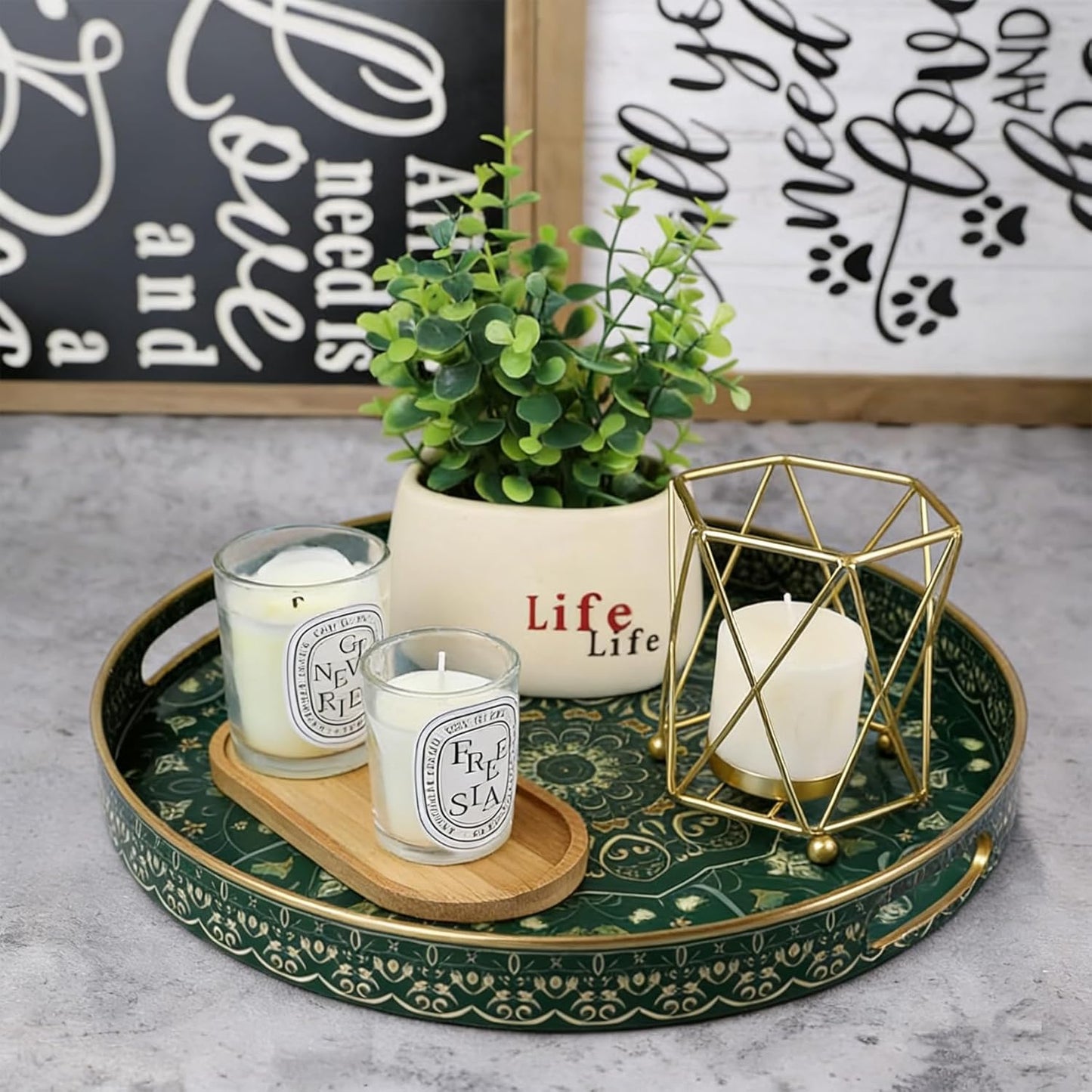 Round Serving Tray with Handles - Large Round Ottoman Tray Coffee Table Tray,Plastic Decorative Trays for Coffee
