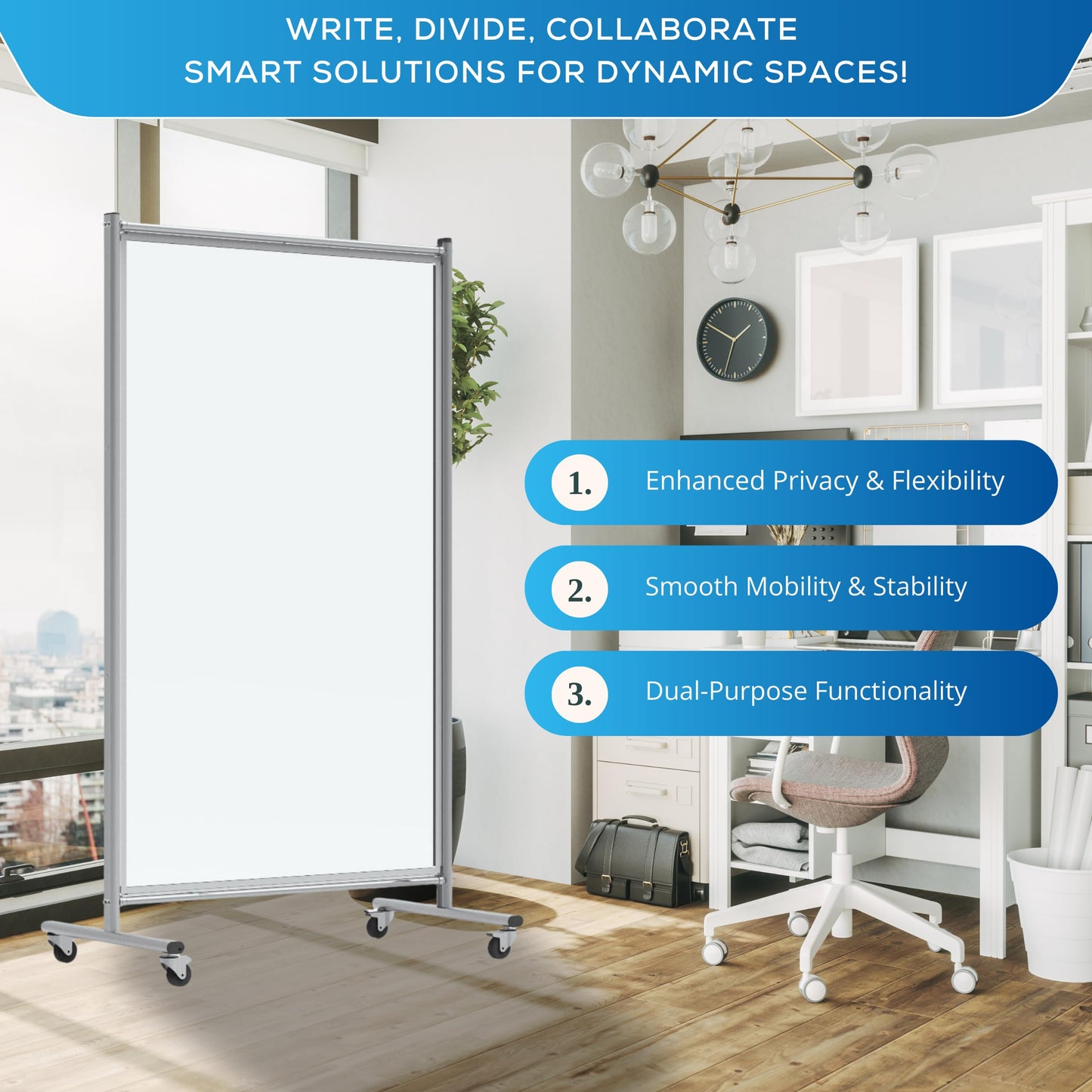 FSE 373-MD4072W Mobile Magnetic Whiteboard Room Divider, 75" Tall Double-Sided Board, Sound Proof Partition Wall Divider with Locking Casters, Steel Frame, Ghost-Resistant Surface, White/Silver