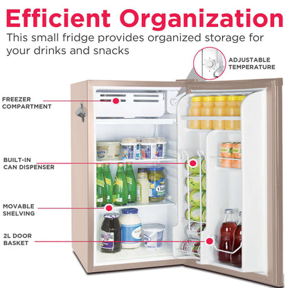 Frigidaire Retro Compact Fridge with Chiller, 3.2 cu ft Countertop Fridge with Built-In Bottle Opener, Compact Refrigerator for Office, Bedroom, Dorm Room or Cabin - 16.5" D x 19" W x 31" H (Coral)