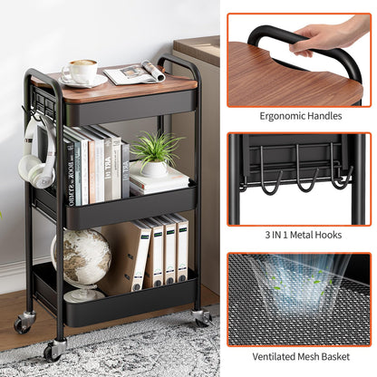 TOOLF 3-Tier Rolling Cart with Table Top, Metal Storage Cart on Wheels, Utility Organizer with Wooden Tray, Lockable Casters, Easy Assembly for Bathroom, Living Room, Office, Kitchen, Black