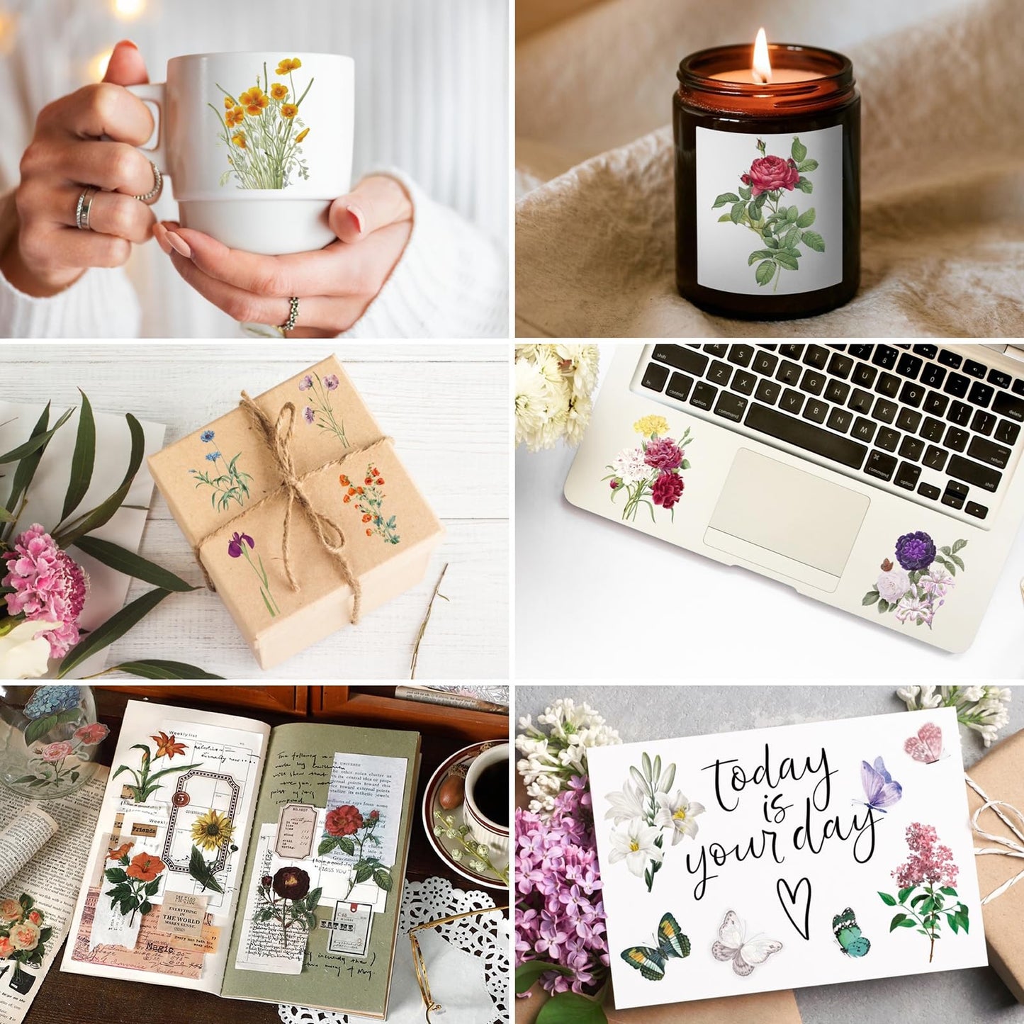 Knaid 100 Pieces Vintage Flower Stickers Set - Big 3.4" Waterproof Clear Botanical Floral Journaling Sticker for Scrapbooking Junk Journal Supplies Bullet Journals Planner Collage Laptop Paper Crafts