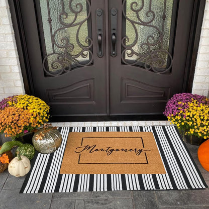Black and White Striped Outdoor Rug, 27.5"x43" Hand-Woven Reversible Front Porch Mat for Entryway and Laundry Room