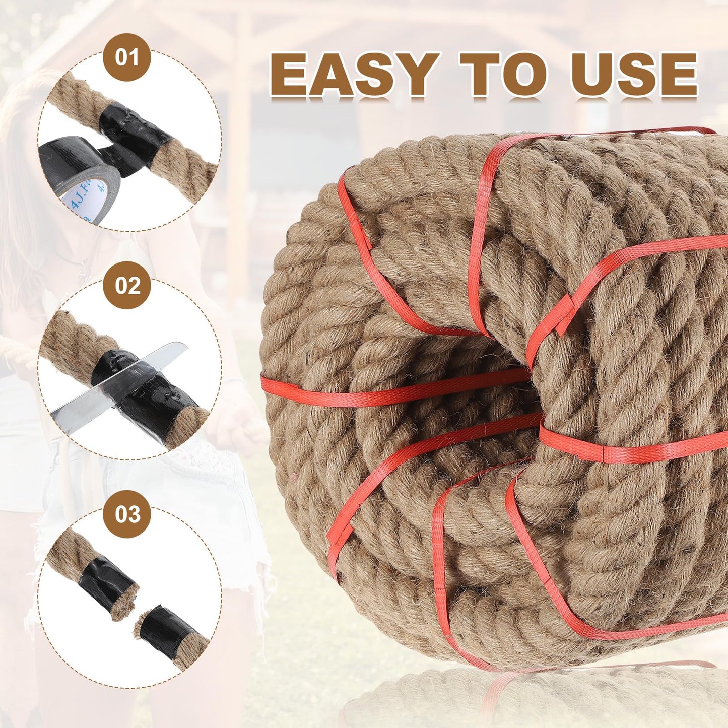 MECCANIXITY Jute Rope 0.7 Inch x 85ft, Thick Twine Rope Ropes Braided Jute Twine Natural Brown Burlap Cord String Heavy Twisted with Tape for Decorative Crafts Railing Swing Tug of War