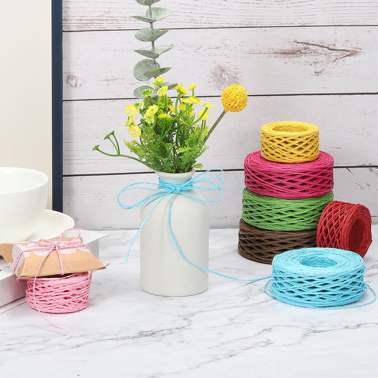 PATIKIL 1312 Feet Raffia Ribbon, 4 Rolls Raffia Yarn Paper Rope Twine String for Crochet Bags Craft Festival Gifts Bouquets Wrapping, White, Black