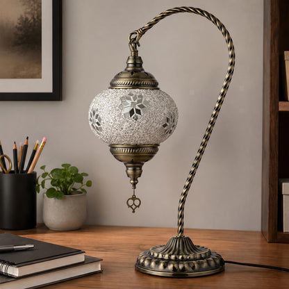 GOGERS Swan Neck Turkish Moroccan Lamp Handmade Stained Mosaic Glass Vintage Lamp Shade Bohemian Tiffany Style Bedside Night Lamp Lighting for Bedroom Living Room (White2)